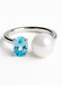 Anillo De Plata .925 Abierto Tú y Yo Con Topacio Azul Y Perla