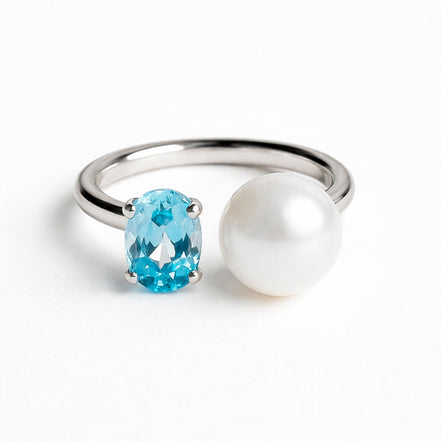Anillo De Plata .925 Abierto Tú y Yo Con Topacio Azul Y Perla