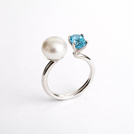 Anillo De Plata .925 Abierto Tú y Yo Con Topacio Azul Y Perla