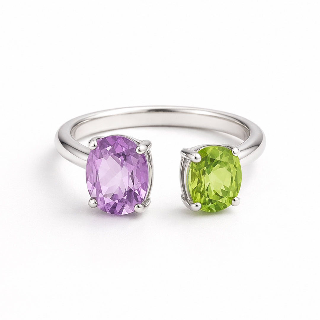 Anillo De Plata .925 Abierto Tú y Yo Con Amatista Y Peridoto