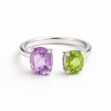 Anillo De Plata .925 Abierto Tú y Yo Con Amatista Y Peridoto