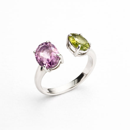 Anillo De Plata .925 Abierto Tú y Yo Con Amatista Y Peridoto