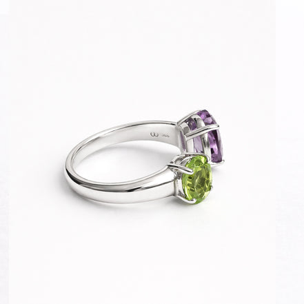 Anillo De Plata .925 Abierto Tú y Yo Con Amatista Y Peridoto