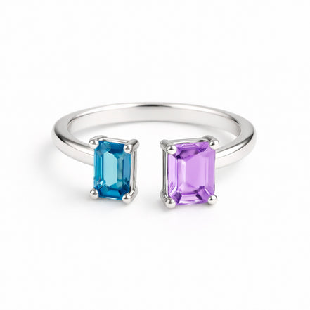 Anillo De Plata .925 Abierto Tú y Yo Con Amatista Y Topacio London