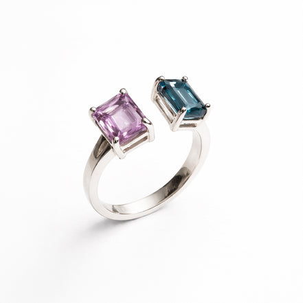 Anillo De Plata .925 Abierto Tú y Yo Con Amatista Y Topacio London