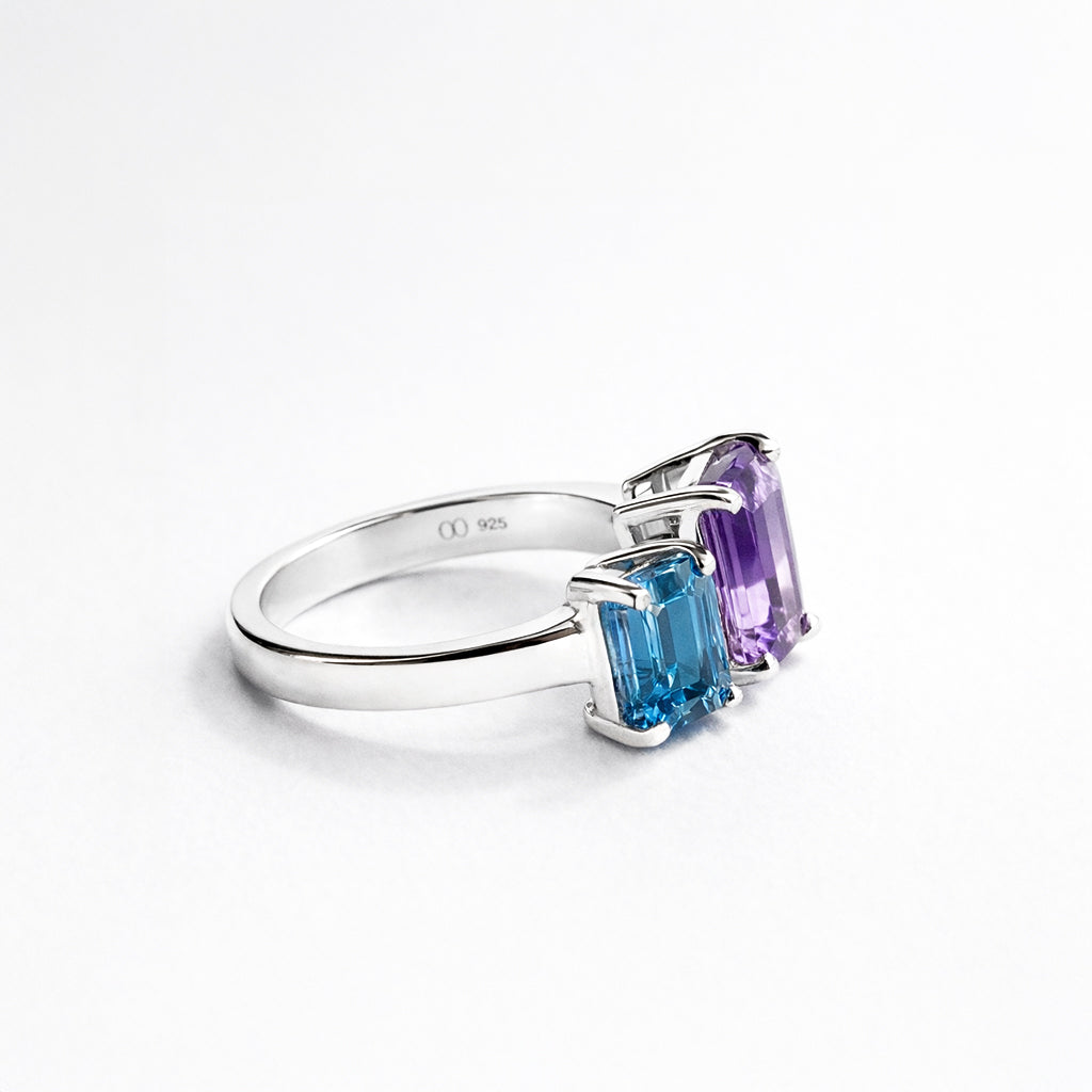 Anillo De Plata .925 Abierto Tú y Yo Con Amatista Y Topacio London