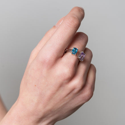 Anillo De Plata 925 Abierto Tú y Yo Con Amatista Y Topacio London