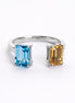 Anillo De Plata .925 Abierto Tú y Yo Con Topacio Azul Y Citrino