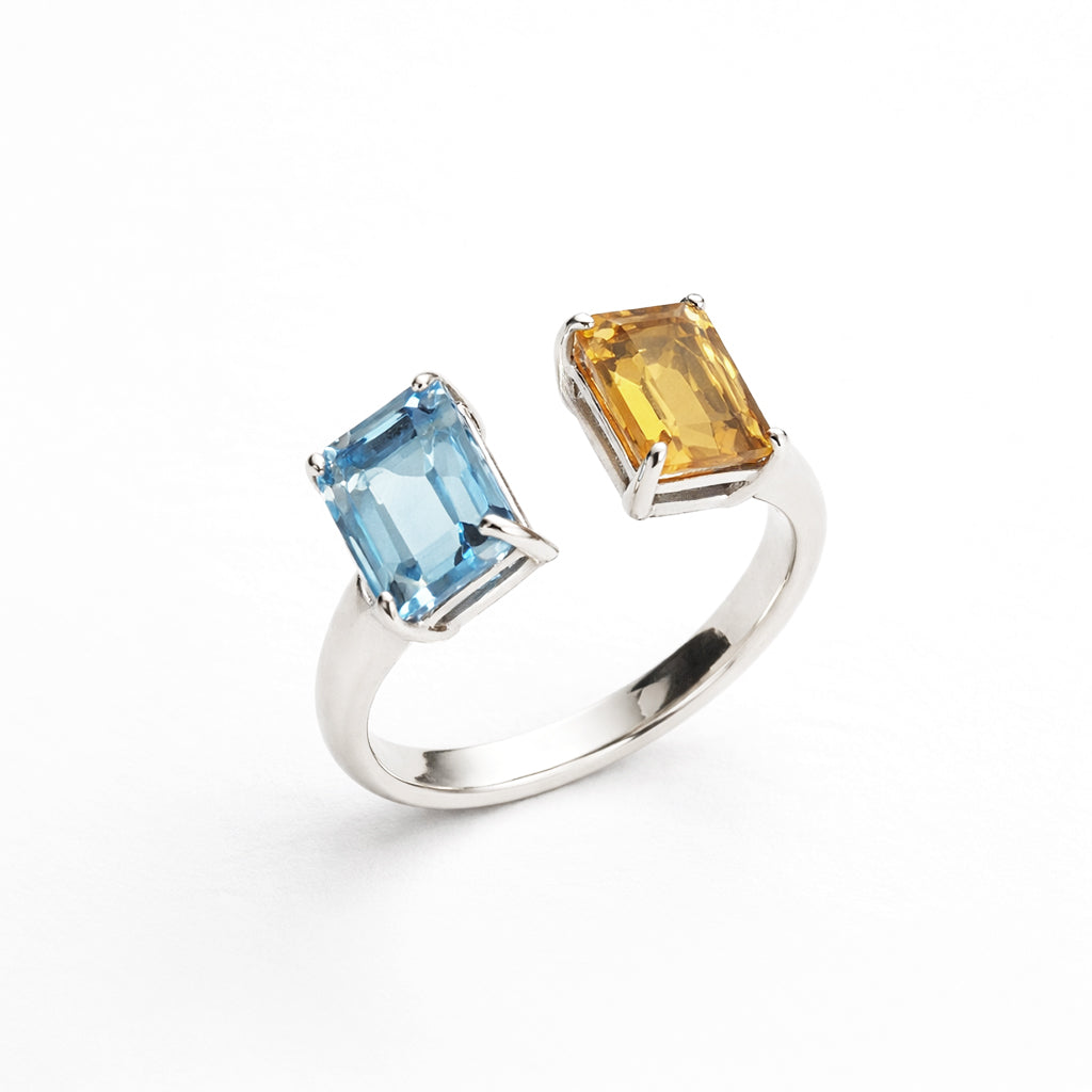 Anillo De Plata .925 Abierto Tú y Yo Con Topacio Azul Y Citrino