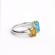 Anillo De Plata .925 Abierto Tú y Yo Con Topacio Azul Y Citrino