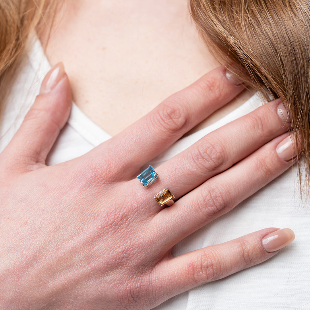Anillo De Plata .925 Abierto Tú y Yo Con Topacio Azul Y Citrino