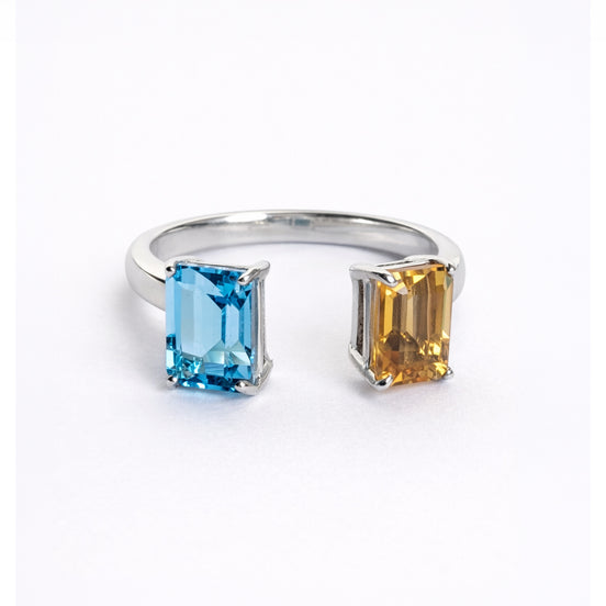 Anillo De Plata 925 Abierto Tú y Yo Con Topacio Azul Y Citrino