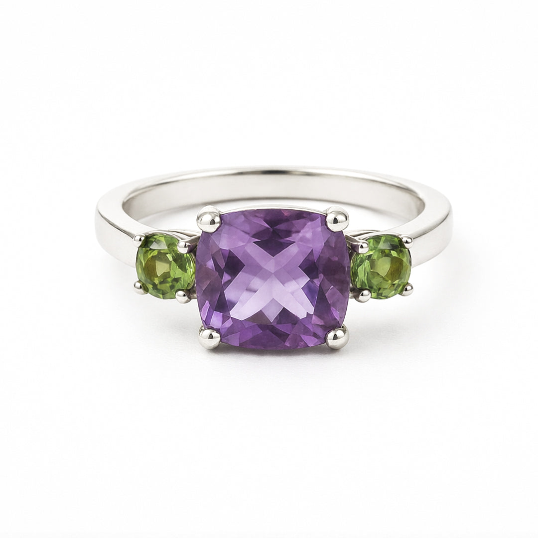 Anillo De Plata .925 Triada Con Amatista Y Peridoto