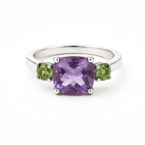 Anillo De Plata .925 Triada Con Amatista Y Peridoto