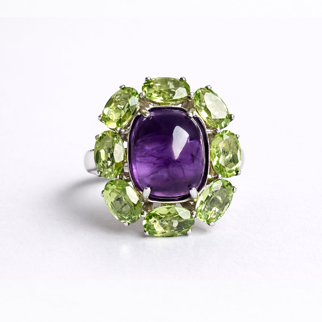 Anillo De Plata .925 De Cóctel Con Amatista Y Peridoto