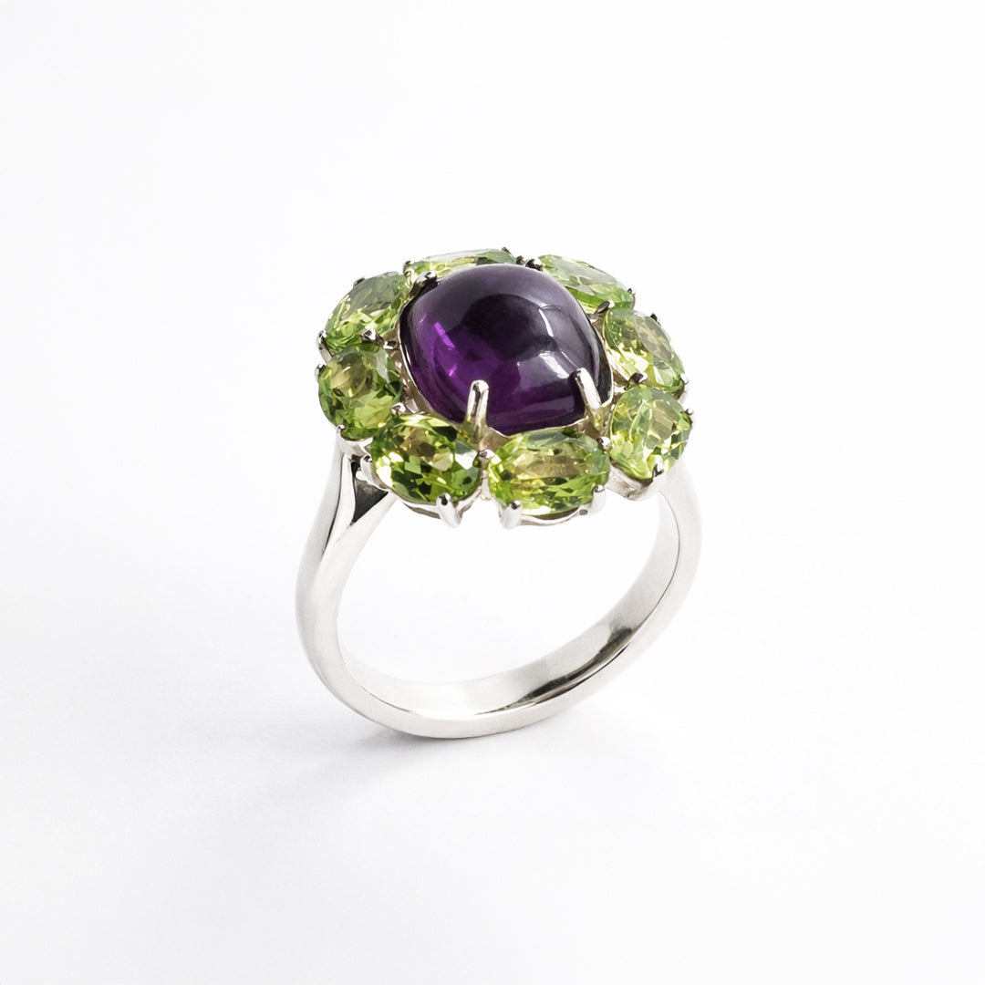 Anillo De Plata .925 De Cóctel Con Amatista Y Peridoto