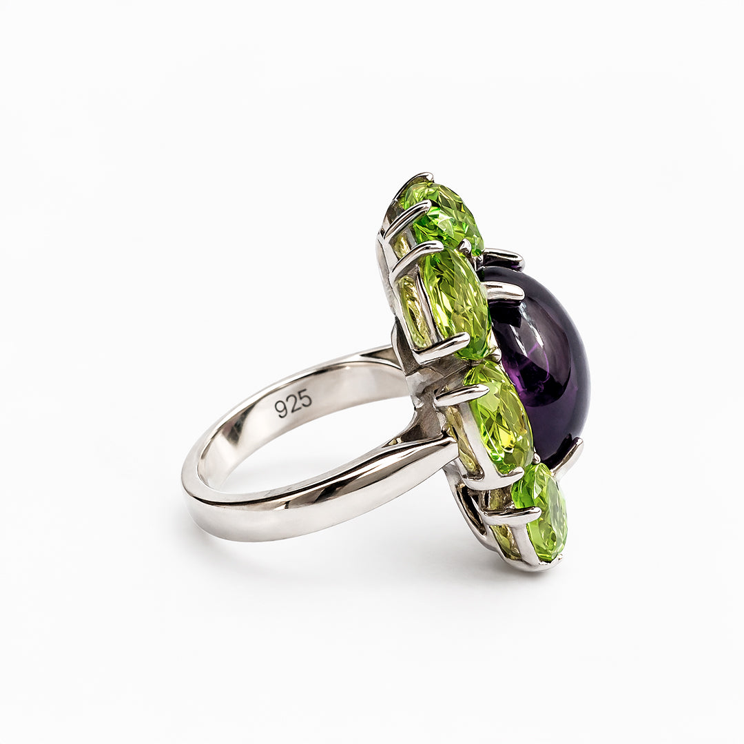 Anillo De Plata .925 De Cóctel Con Amatista Y Peridoto