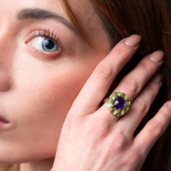 Anillo De Plata .925 De Cóctel Con Amatista Y Peridoto