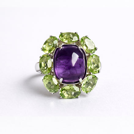 Anillo De Plata 925 De Cóctel Con Amatista Y Peridoto
