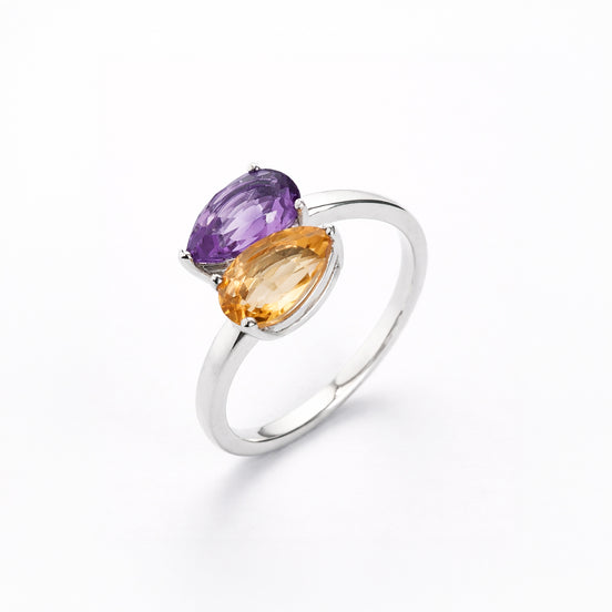 Anillo De Plata 925 Cruzado Con Piedras Amatista Y Citrino