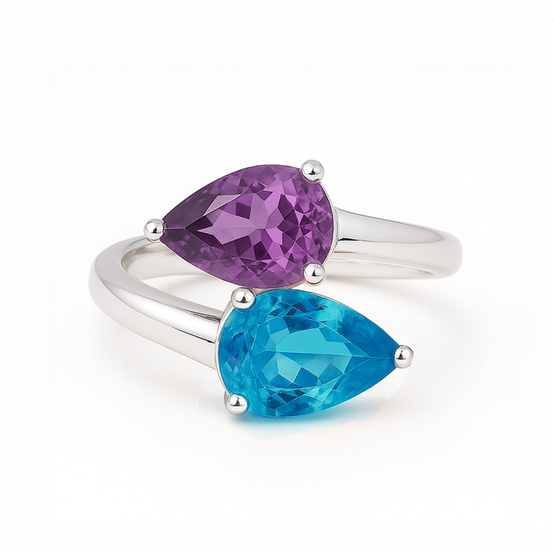 Anillo De Plata .925 Cruzado Con Topacio Azul Y Amatista