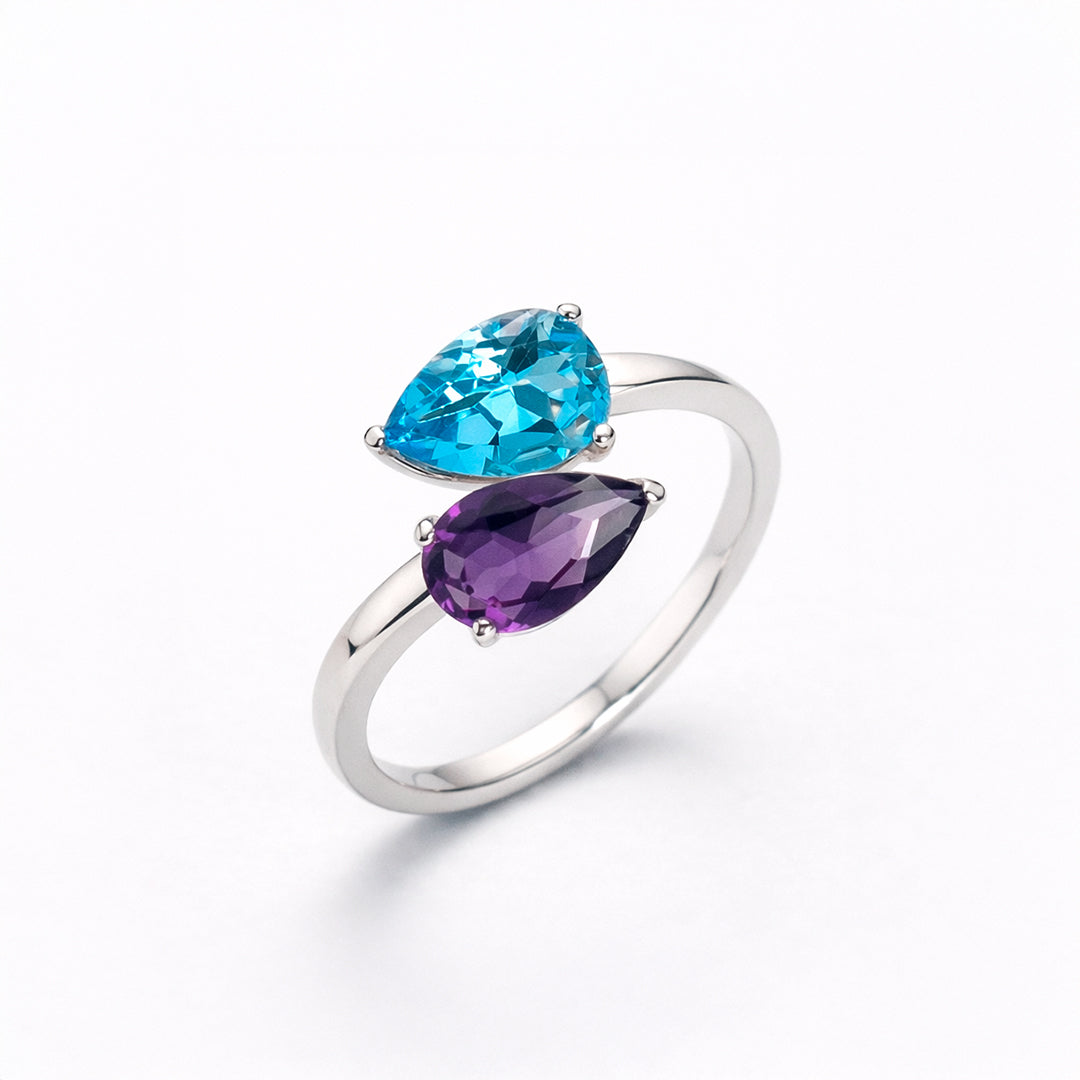 Anillo De Plata .925 Cruzado Con Topacio Azul Y Amatista