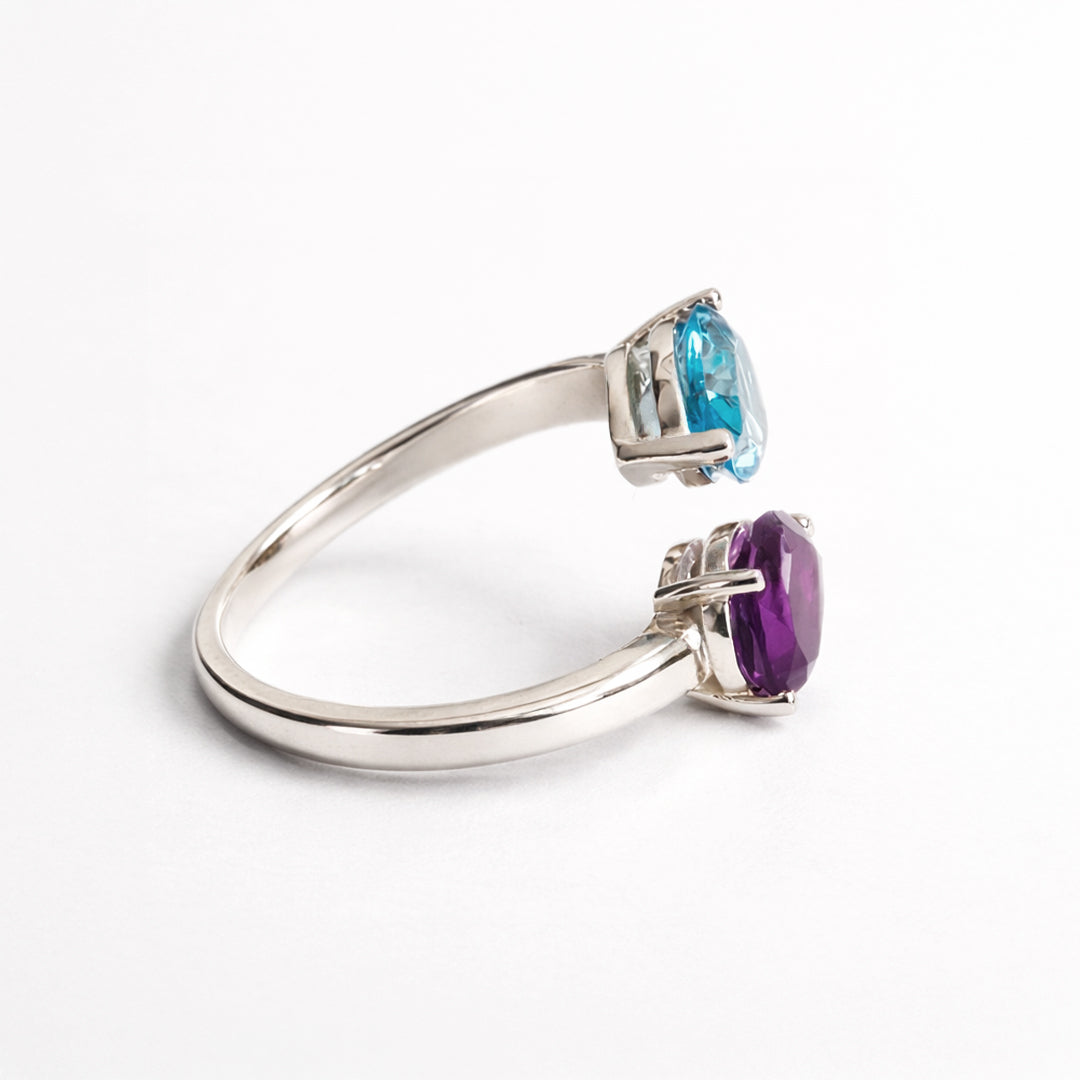 Anillo De Plata .925 Cruzado Con Topacio Azul Y Amatista