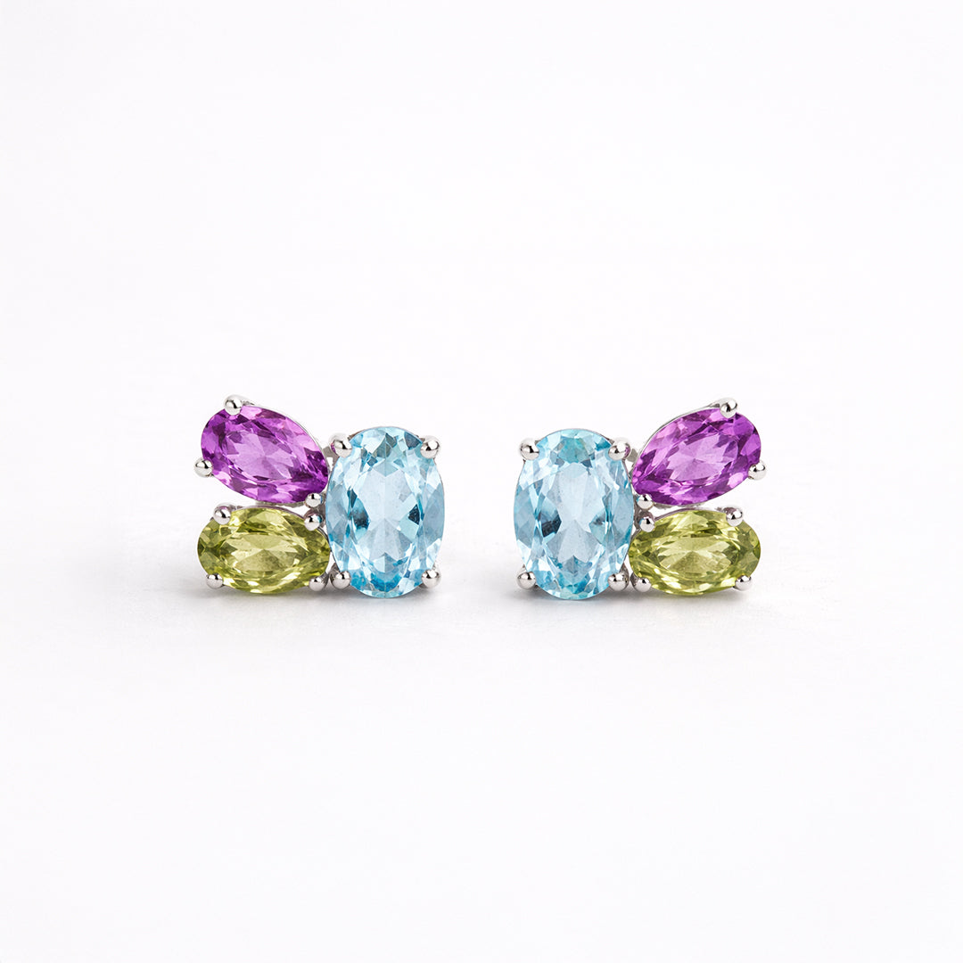 Broqueles Plata .925 Con Topacio Azul, Amatista Y Peridoto Corte Tres Piedras