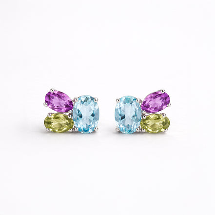 Broqueles Plata .925 Con Topacio Azul, Amatista Y Peridoto Corte Tres Piedras