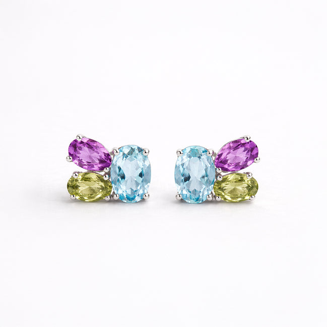Broqueles Plata .925 Con Topacio Azul, Amatista Y Peridoto Corte Tres Piedras