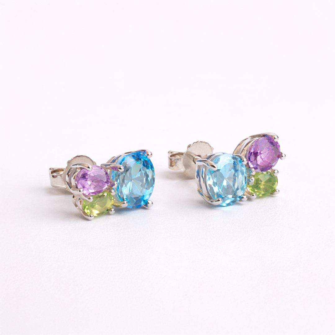 Broqueles Plata .925 Con Topacio Azul, Amatista Y Peridoto Corte Tres Piedras