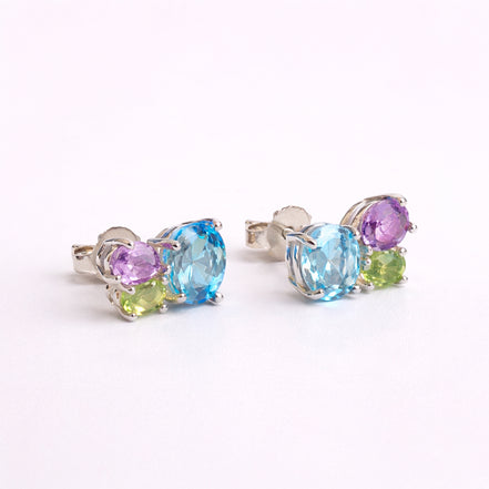 Broqueles Plata .925 Con Topacio Azul, Amatista Y Peridoto Corte Tres Piedras