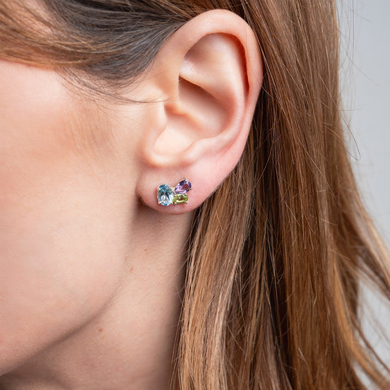 Broqueles Plata 925 Con Topacio Azul, Amatista Y Peridoto Corte Tres Piedras