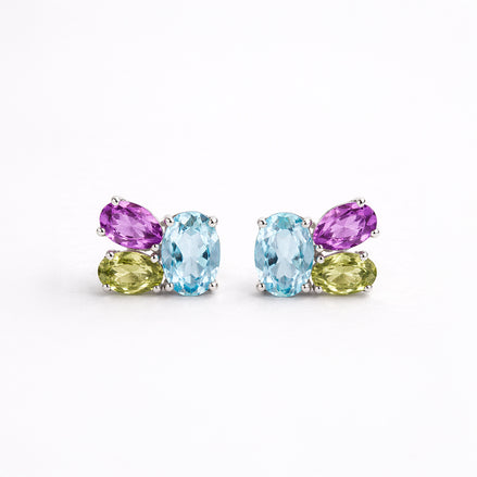 Broqueles Plata 925 Con Topacio Azul, Amatista Y Peridoto Corte Tres Piedras