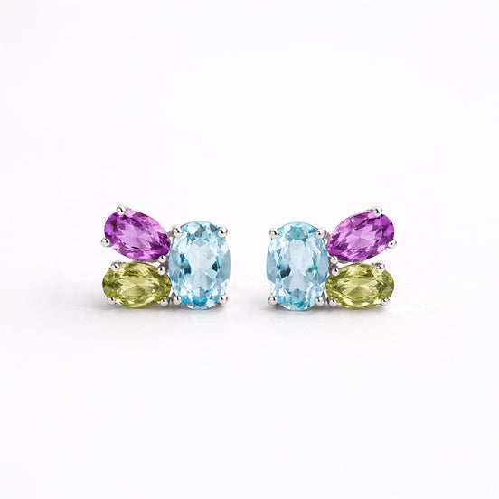 Broqueles Plata 925 Con Topacio Azul, Amatista Y Peridoto Corte Tres Piedras