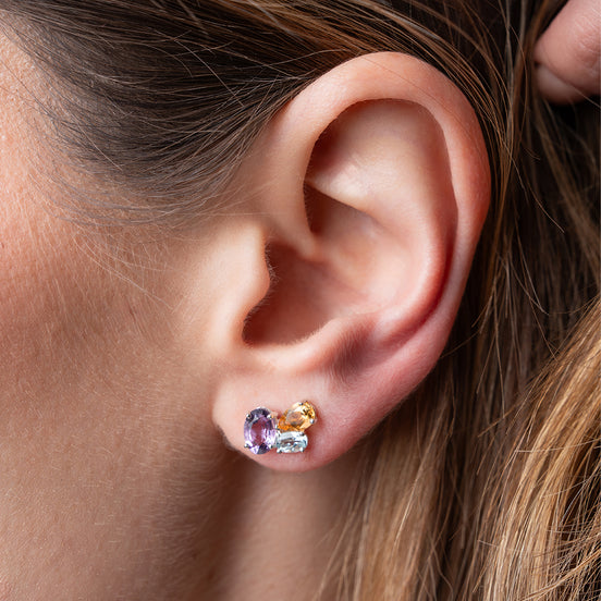 Broqueles Plata 925 Con Amatista, Citrino Y Topacio Azul Corte Tres Piedras