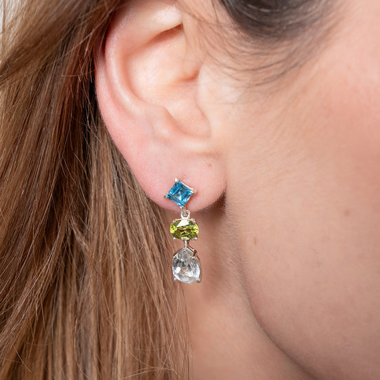 Aretes Largos Plata 925 Con Topacio Azul, Peridoto Y Amatista Verde Corte Tres Piedras