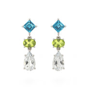 Aretes Largos Plata .925 Con Topacio Azul, Peridoto Y Amatista Verde Corte Tres Piedras