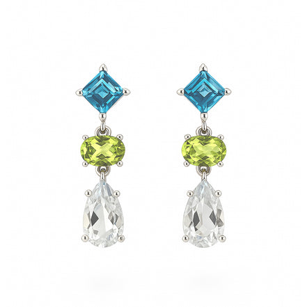 Aretes Largos Plata .925 Con Topacio Azul, Peridoto Y Amatista Verde Corte Tres Piedras