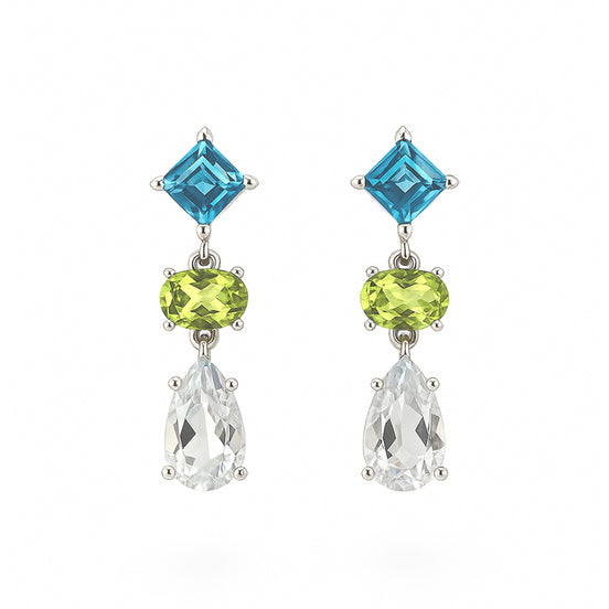 Aretes Largos Plata .925 Con Topacio Azul, Peridoto Y Amatista Verde Corte Tres Piedras