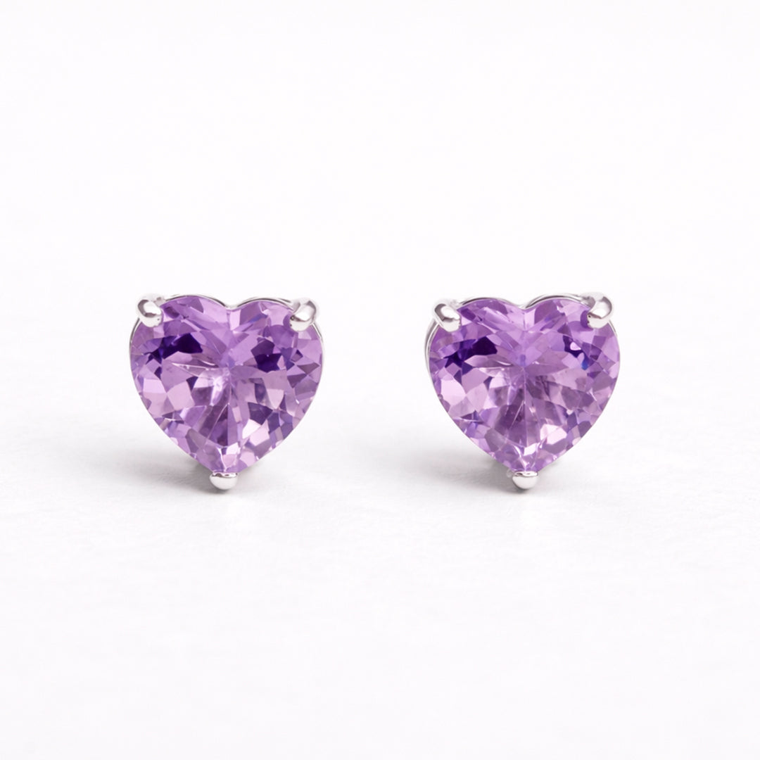 Broqueles Plata .925 Con Amatista Corte Corazón