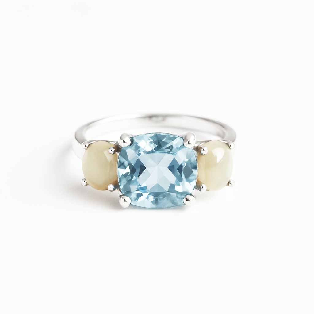 Anillo De Plata .925 Triada Con Topacio Azul Y Ópalos Etíopes